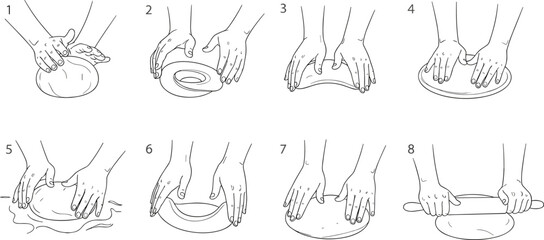 Obraz premium Dough Preparation Steps Illustration with Hands Kneading Rolling and Shaping Bread Process Line Vector Guide for Baking Tutorial Cooking and Culinary Education