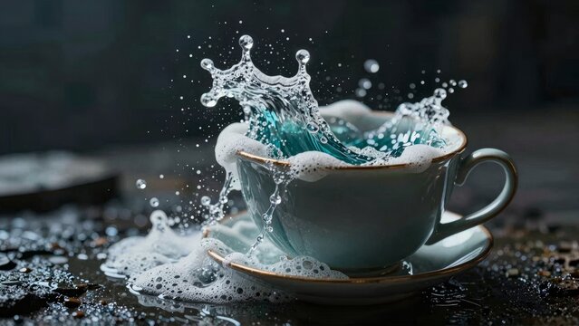 Dynamic Water Splash in Blue Teacup on Dark Background