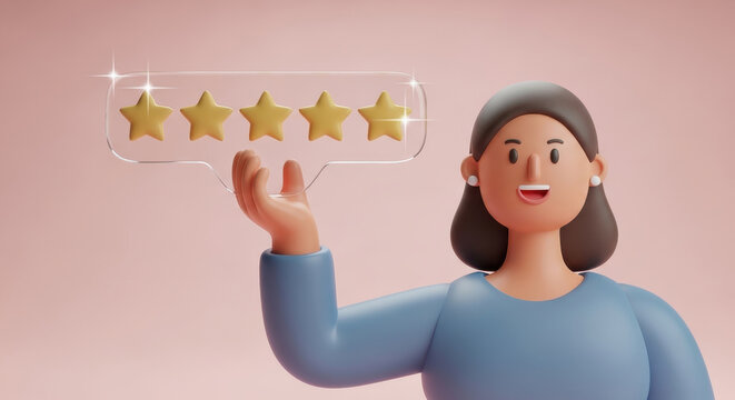 Customer satisfaction with five stars, positive feedback concept, excellent service review, 3d character showing rating, user experience