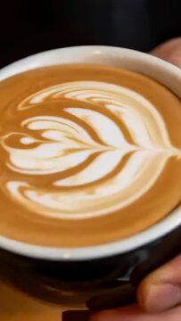 Vertical video: Pouring barista shaping rosetta on cup at cafe, finishing design with pitcher