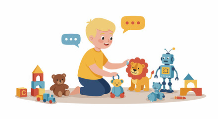 Fototapeta premium A young boy playing with a variety of toys including a robot, teddy bear, and building blocks on a white background.