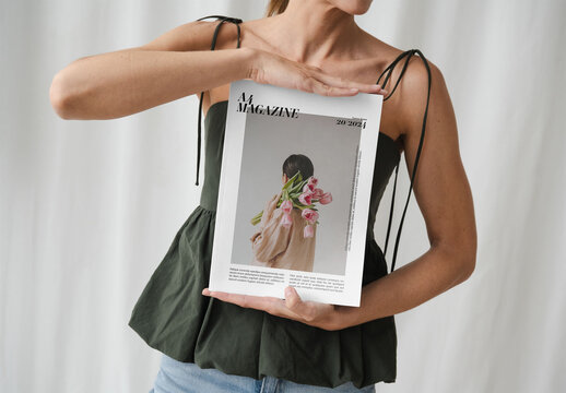 Mockup Of Woman With Customized A4 Magazine
