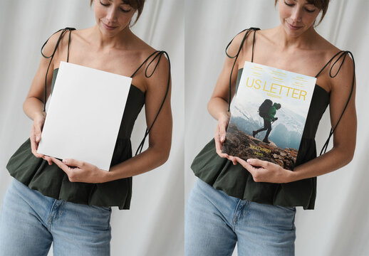 Mockup Of Woman Holding Customized Us Letter Magazine