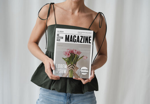 Mockup Of Woman With Customizable Us Letter Magazine