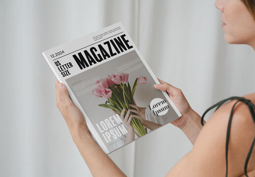 Mockup Of Woman And Customizable Us Letter Magazine