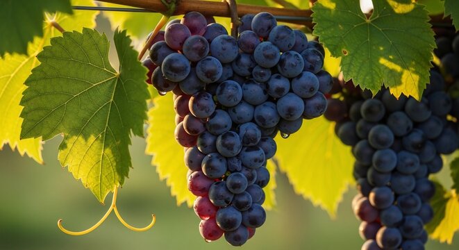 Bunches of dark grapes with green leaves