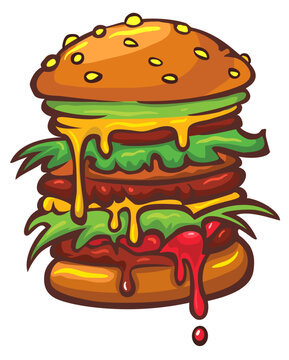 Colorful Fresh Fast Food Burger Cartoon. Outlined Tasty Hamburger or Cheeseburger vector illustration on isolated 