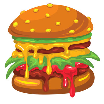 Colorful Fresh Fast Food Burger Cartoon. Outlined Tasty Hamburger or Cheeseburger vector illustration on isolated 