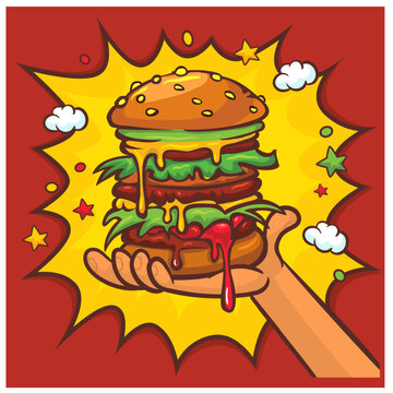 Right hand holding burger. Cartoon vector illustration of tasty hamburger or cheeseburger
