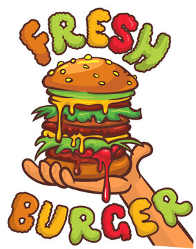 Right hand holding burger. Cartoon vector illustration of tasty hamburger or cheeseburger