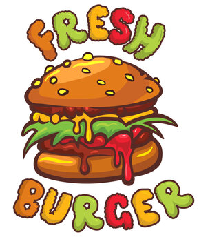 Vibrant, appetizing cartoon burger with gooey melted cheese, accompanied by 'FRESH BURGER' text, perfect for food service branding. Vector illustration
