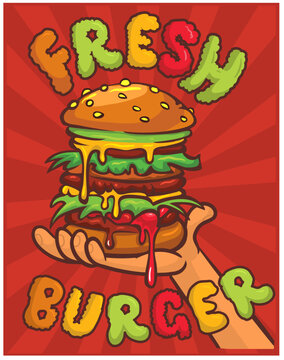 Vibrant, appetizing cartoon burger with gooey melted cheese, accompanied by 'FRESH BURGER' text, perfect for food service branding. Vector illustration