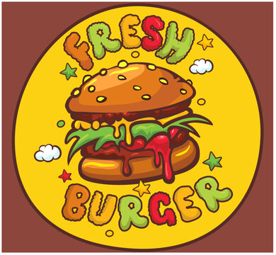 Vibrant, appetizing cartoon burger with gooey melted cheese, accompanied by 'FRESH BURGER' text, perfect for food service branding. Vector illustration