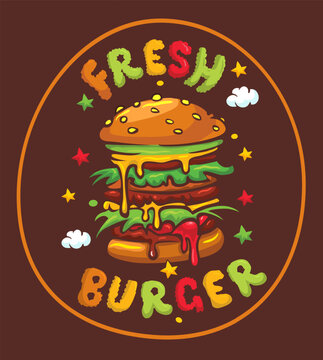 Vibrant, appetizing cartoon burger with gooey melted cheese, accompanied by 'FRESH BURGER' text, perfect for food service branding. Vector illustration