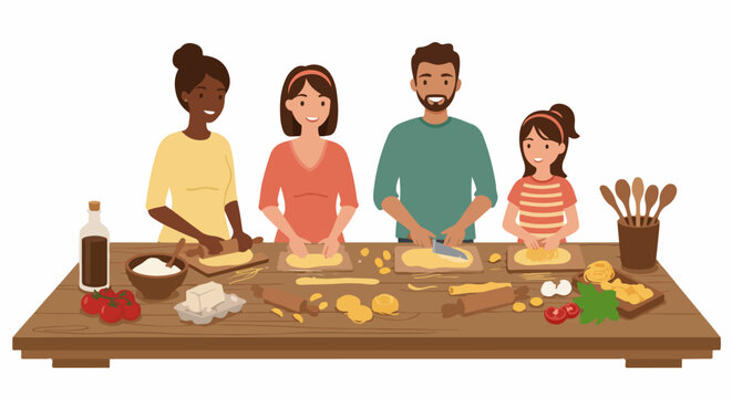 Happy group of family and friends cooking together in the kitchen, preparing homemade pasta on a wooden table with fresh ingredients.