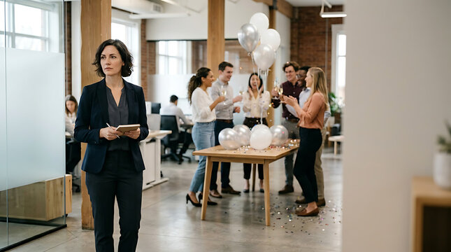 mid career professional feeling left behind while others celebrate success with copy space on right clean office background for text career stagnation and identity crisis concept