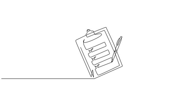 Continuous clipboard line drawing with checklist, to-do list, testing and reporting concepts. 4K video