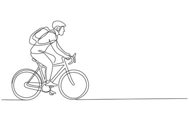 Fototapeta premium Continuous line drawing of a cyclist with backpack riding a bicycle single line outdoor activity recreational activity illustration transportation backpack outdoors healthy lifestyle