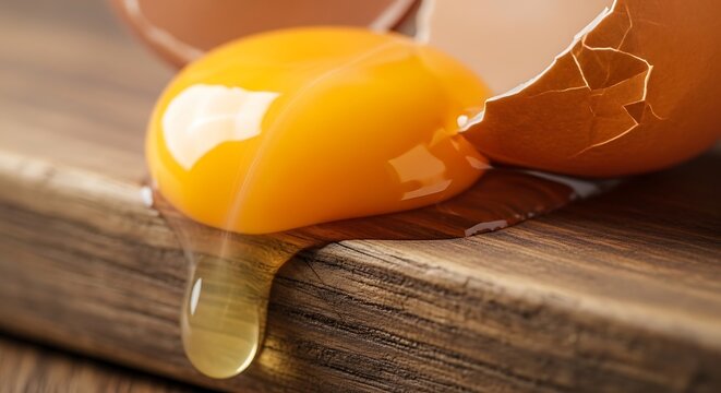 Broken egg with yolk on wooden surface, egg white dripping