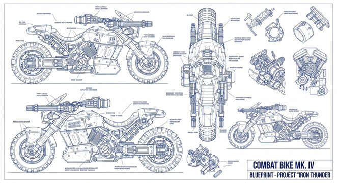 Detailed technical blueprint of a futuristic combat motorcycle.