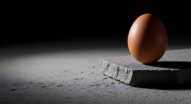 Brown egg on a stone block, dark background, gray stone