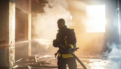 Naklejka premium Firefighter in protective gear spraying water inside a smoke-filled building with bright light from window