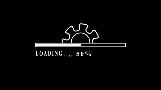 Processing bar with gear icon and percentage work flow status. Mechanical task progress animation for system operation and automation. Digital process loading interface for software execution.