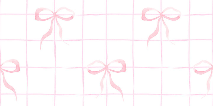 Coquette pink bows seamless surface pattern design. Whimsical checkered doodle print. Picnic tartan gingham texture hand paint background for textile, wallpaper, home decor, tablecloth, bed linen