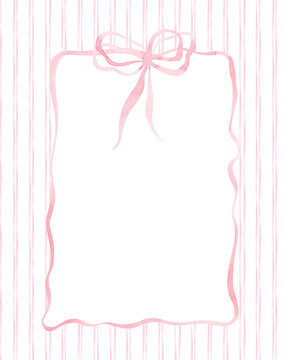 Pink coquette frame of bows on striped background. Whimsical girly vintage watercolor template of ribbon. Elegant layout for Valentine's day card, invitations, baby shower, birthday, nursery decor