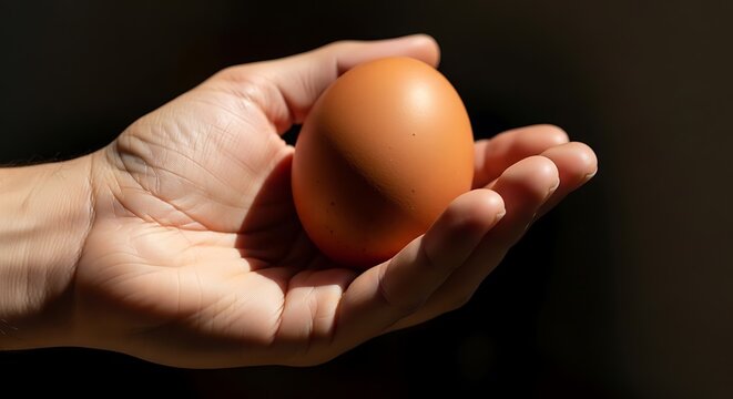 Hand holding a brown egg on a dark background, palm