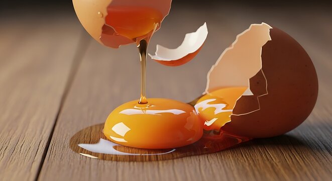 Broken brown egg with yolk pouring out on wooden surface broken egg yolk