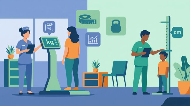 Healthcare professionals measure patient height and weight. Medical examination concept showing physical monitoring. Suitable for health articles or clinical brochures.