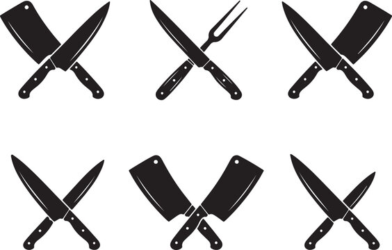 kitchen knives and cleaver icons set crossed chef knife fork cooking tools silhouette icon vector illustration