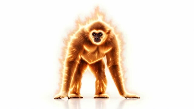 Fiery Gibbon Power: Animated Sequence of a White-Handed Lar Gibbon in Flames, digital creation