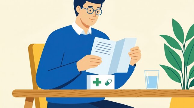 Man reading a paper medication guide next to a pill box and water. It conveys responsibility and healthcare awareness. Ideal for medical blogs, pharmacy sites, or patient education materials.