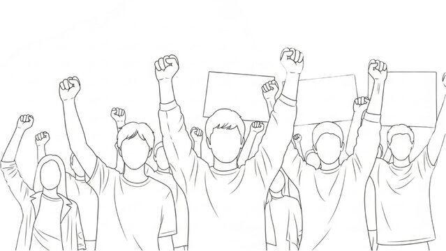 People protesting with fists raised and 2D AutoCAD signs peacefully