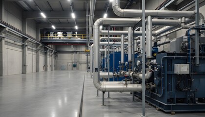 Obraz premium Large scale industrial refrigeration system with insulated pipelines and cooling machinery in modern processing facility