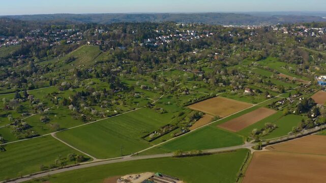 Aerial view of the Englbergturm in the city Leonberg in Germany on a sunny morning in early spring