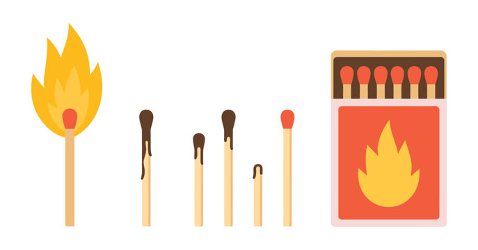Burning Matchstick and Matchbox Vector Icon Set, Wooden Fire Match with Flame, Burnt Stick with Smoke and Red Matchbox Collection, Fire, Ignition and Safety Concept Illustration