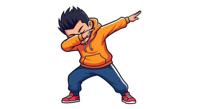 Boy doing dab dance move with orange hoodie and blue jeans, isolated on white background
