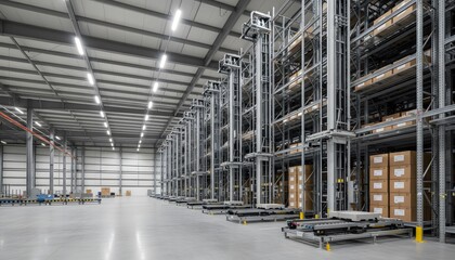 Fototapeta premium High density automated storage and retrieval system with vertical racks and robotic handling in large warehouse