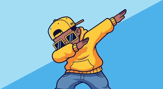 Cool Kid Doing Dab Dance Pose with Yellow Hoodie and Sunglasses on Blue Background