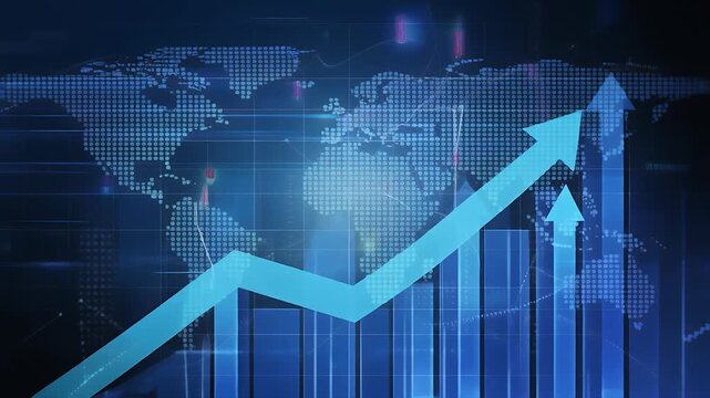 A rising graph showing business growth on a world map background with arrows indicating success.
