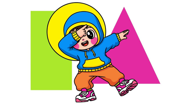 Cute cartoon child dabbing with geometric shapes background