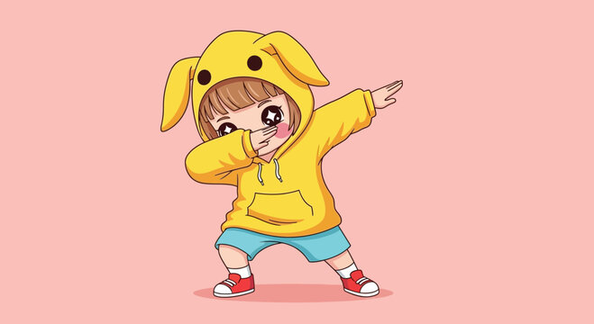 Cute cartoon girl in yellow hoodie doing dab dance move, anime style, pink background