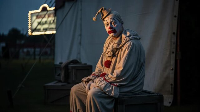 Sad Clown Sitting Outside Circus Tent at Dusk, Melancholy Mood