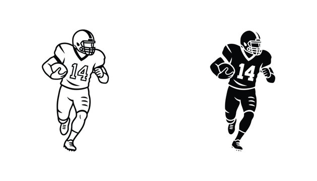 American football player running with ball in minimalist line art and solid black silhouette styles for sports branding and team logos