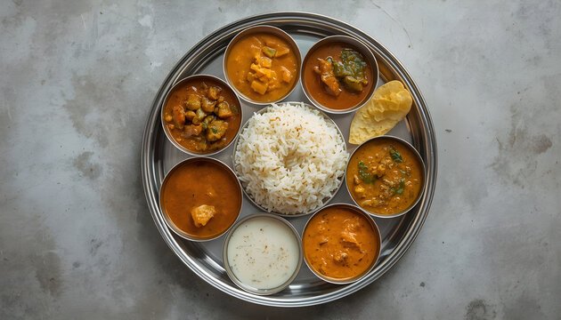"Traditional South Indian vegetarian thali with rice and curries on grey background