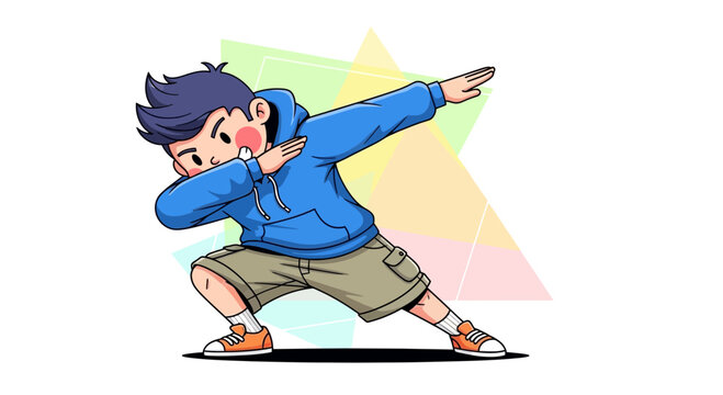 Young boy doing the dab dance move, cartoon style, white background
