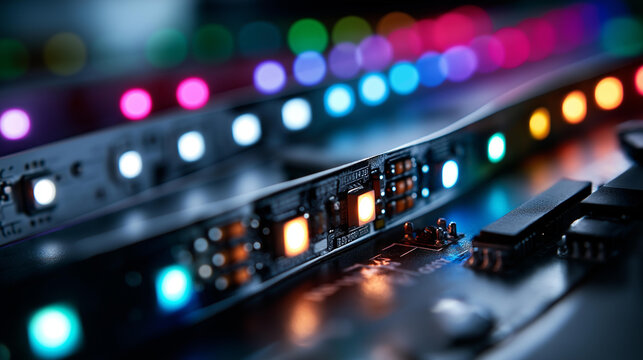 A macro close up of rgb LED light strips showing individual diodes and circuit details, no people, rgb led, light strips, macro shot, circuit detail, electronic components, colorful diodes,